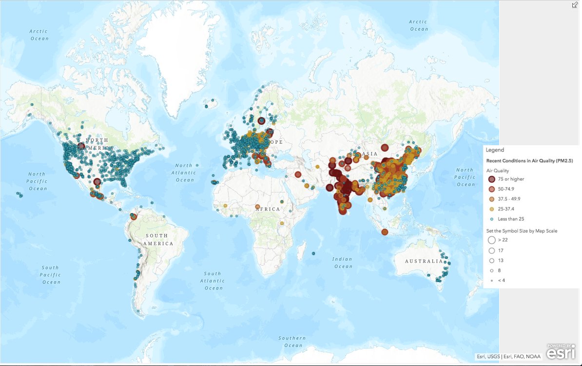This layer shows the latest values for global air quality (PM2.5) from ground-based monitoring stations compiled by OpenAQ.