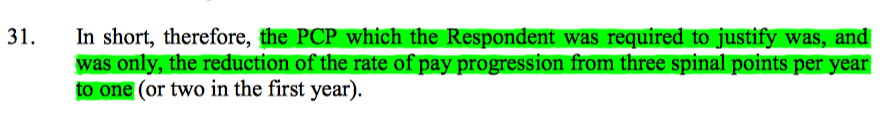 6/ Prima facie indirect discrimination was pretty much accepted before the ET. The real battle was on justification. The ET identified the PCP as implementation of a pay policy which included pay progression by length of service, reduced from 3 spinal points per year to 1.