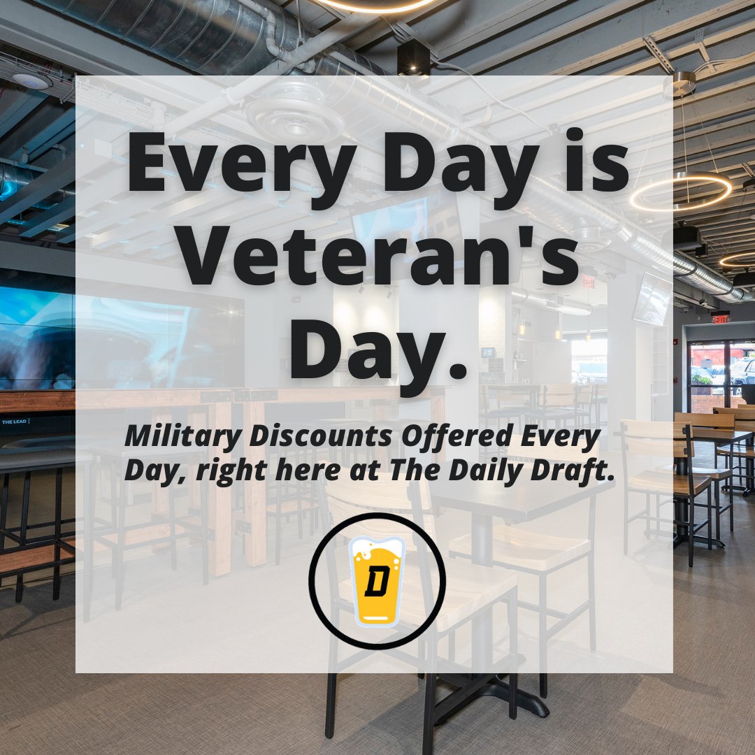 TheDailyDraft1's tweet photo. We've got military discounts offered to veterans and active duty military personnel every day. It's our way to say thank you to the men and women who bravely serve our country. 

#thedailydraft #veteransday #mlitarydiscounts #sportsondemand #craftbeer #woodstockga https://t.co/kiVWKbu6oP