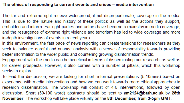aurelmondon's tweet photo. Please share! @EthExNetwork has a session on the ethics of responding to current events and crises coming up in December. 

We are looking for a few short presentations on how to engage with the media and potential pitfalls to guide the discussion. 

More detail here 👇 https://t.co/oyUzAtn4tb