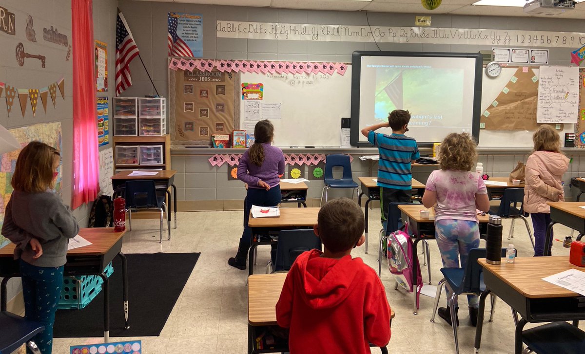 CIScards345's tweet photo. Each morning, Mrs. Wareham’s class sings the National Anthem after reciting the Pledge. What a special morning to sing this song in honor of our Veterans!  #CISReadySetReturn ❤️🇺🇸💙 https://t.co/AJuNSCSTAP
