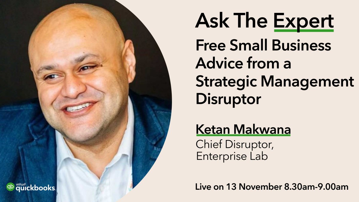 Catch our live Ask The Expert Q&amp;A session with <a href="/Ketan_Makwana/">Ketan Makwana</a>, Founder and CEO of @EnterpriseLabUK. 

📅13th Nov at 08:30 am.

Tune in to get strategic management advice for your business. Ask your QNs using #QBATE on Twitter or ask them live 👉 intuit.me/3nfw5Tq