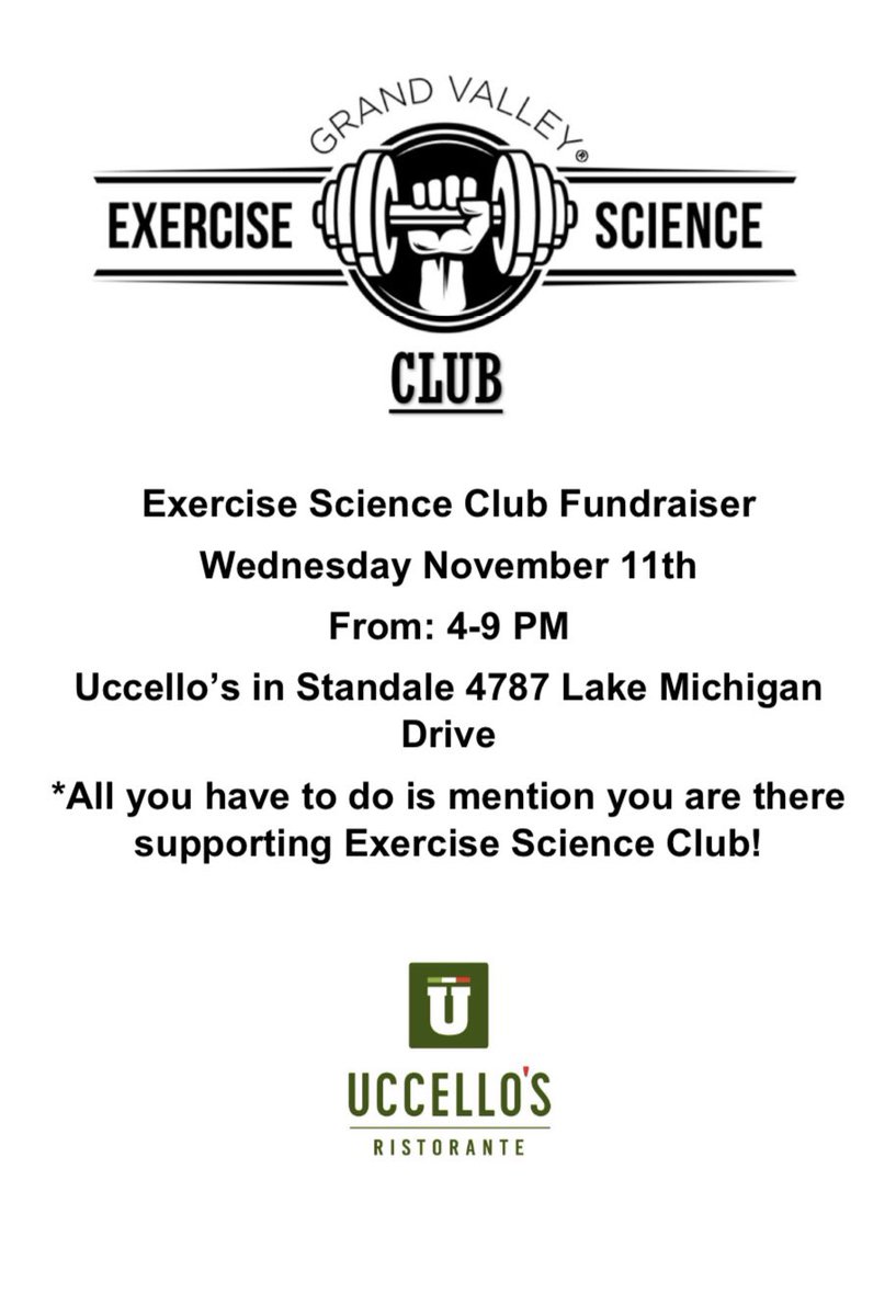 Grab some dinner at Uccello’s tonight and don’t forget to mention the Exercise Science Club!