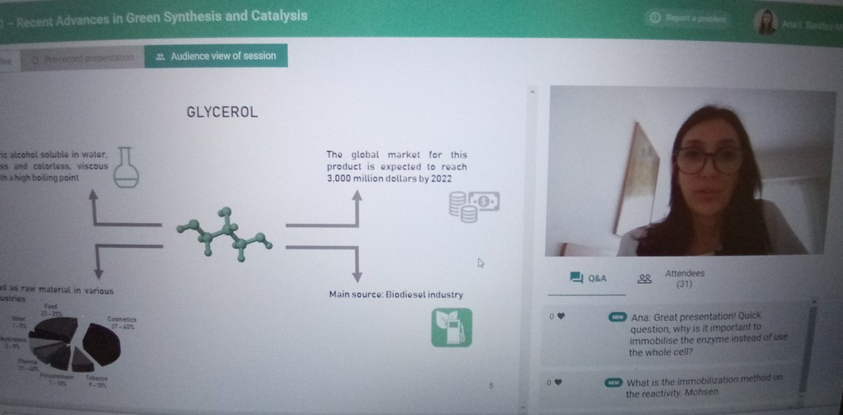 Very nice talk by @betancor_lorena  about valorisation of waste glycerol during the #greenchem2020 conference in which we have also presented our recent advances on #flowbiocatalysis 

@ParadisiResLab 
#biocatalysis #enzymes