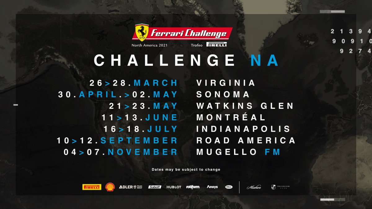 FerrariRaces's tweet photo. It's time to update your agenda! 😉
Take note of the next #FerrariChallenge series season rounds: here is the 2021 calendar. 🏁 
Check the video here 👉 https://t.co/aVU06KKdpd 

#Ferrari488ChallengeEvo #FerrariCorseClienti #FerrariRaces https://t.co/u9MfrTp1VD