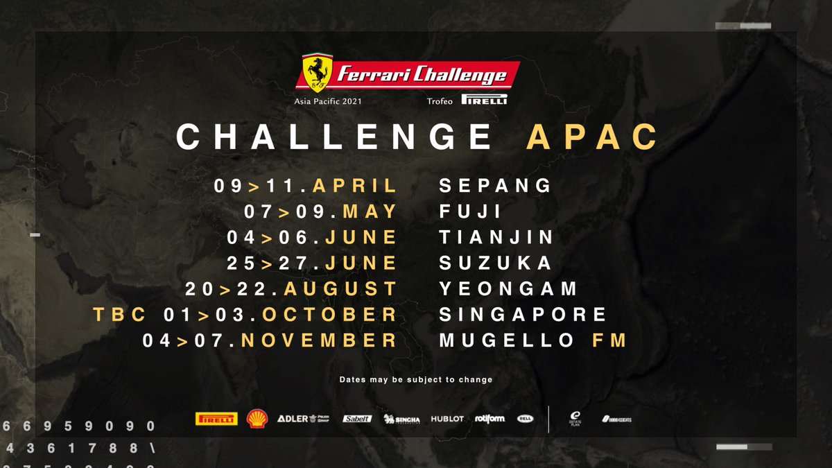 It's time to update your agenda! 😉
Take note of the next #FerrariChallenge series season rounds: here is the 2021 calendar. 🏁 
Check the video here 👉 bit.ly/2021_FerrariCh… 

#Ferrari488ChallengeEvo #FerrariCorseClienti #FerrariRaces