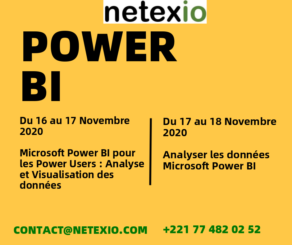 netexio's tweet photo. Netexio vous propose une formation sur L'Analyse et Visualisation des Données avec Microsoft PowerBI pour les Power Users.
Le meilleur moyen de visualiser, modéliser et combiner des données.
Pour plus d'infos : contact@netexio.com / 77 482 02 52
#netexio #numerique #formation https://t.co/nYUtyAOQ9x