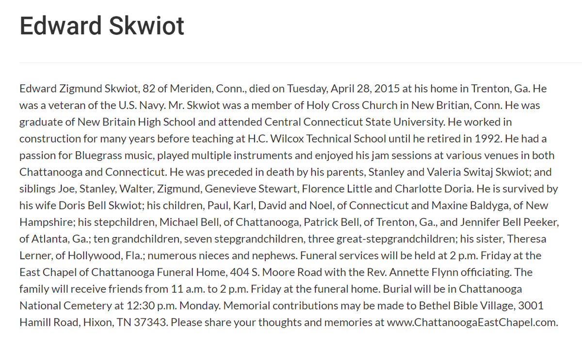 TrumpWarRoom's tweet photo. Mr. Edward Skwiot of Trenton, Georgia, a veteran of the U.S. Navy, voted in the election.

The only problem? He passed away five years ago, in April 2015.

Sadly, Mr. Skwiot is a victim of voter fraud. https://t.co/XRZc0bX6O3