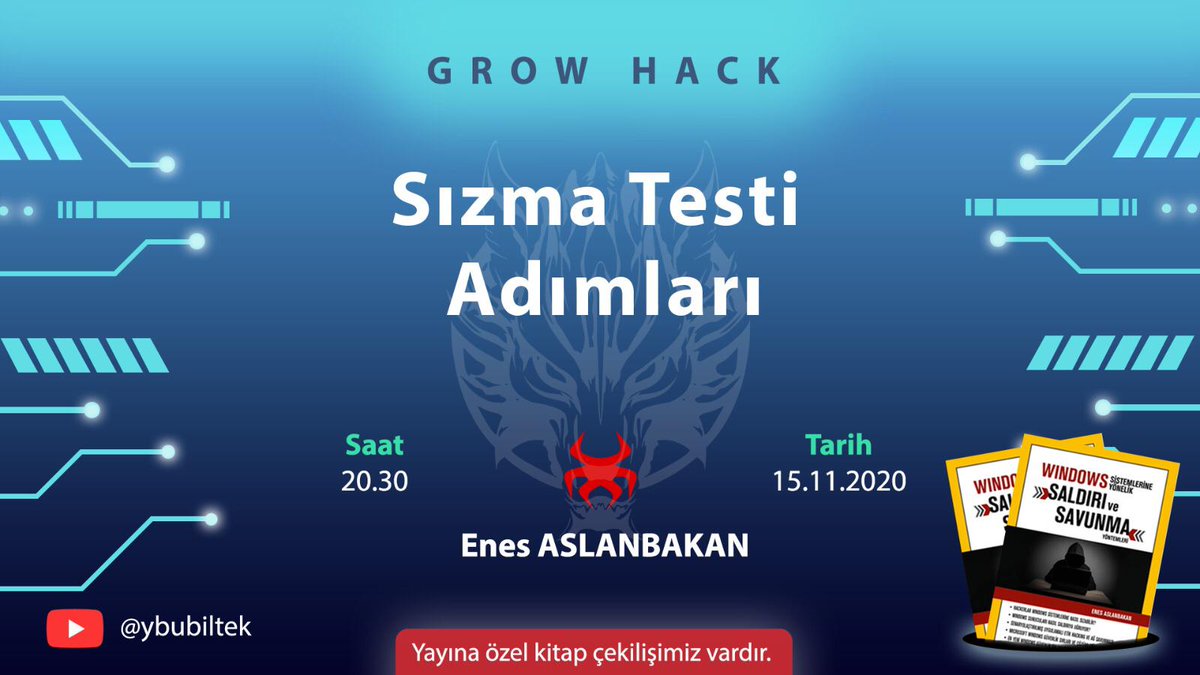 cyberbiltek's tweet photo. Sızma Testi Adımları konulu eğitimimiz Ema Security'den değerli hocamız @enesaslanbakan eğitmenliğinde 15 Kasım 20.30'da YouTube'da! Hocamıza ait olan "Windows Sistemlerine Yönelik Saldırı ve Savunma Yöntemleri" kitabını iki kişiye hediye ediyoruz. #CyberSecurity #growhack https://t.co/0qvwLRzKRc