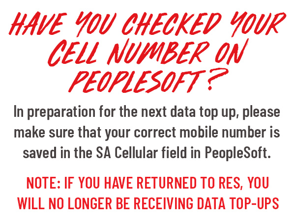 UCT_ICTS's tweet image. Please ensure your mobile number is up to date before the next data rollout, which will begin on 18 Nov (20 Nov for Telkom subscribers). NOTE: Students who have returned to res will not be eligible for data.

ow.ly/yHoj50ChHUD

@UCT_news  @UCTStudent  @UCT_SRC