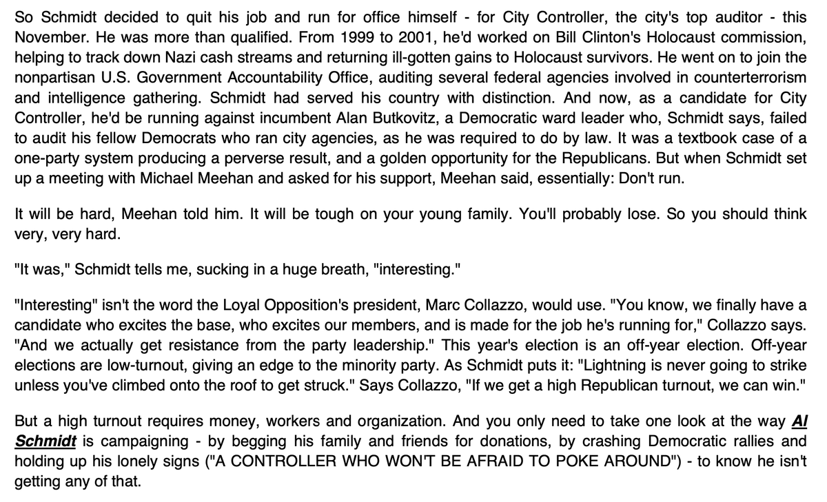 Schmidt was frustrated with the GOP’s perpetual losing record. So were many GOP activists in Philly. And so Schmidt decided to run for office himself, against a machine Democrat. But though he was a strong candidate, the city GOP didn't back him. They tried to talk him out of it!