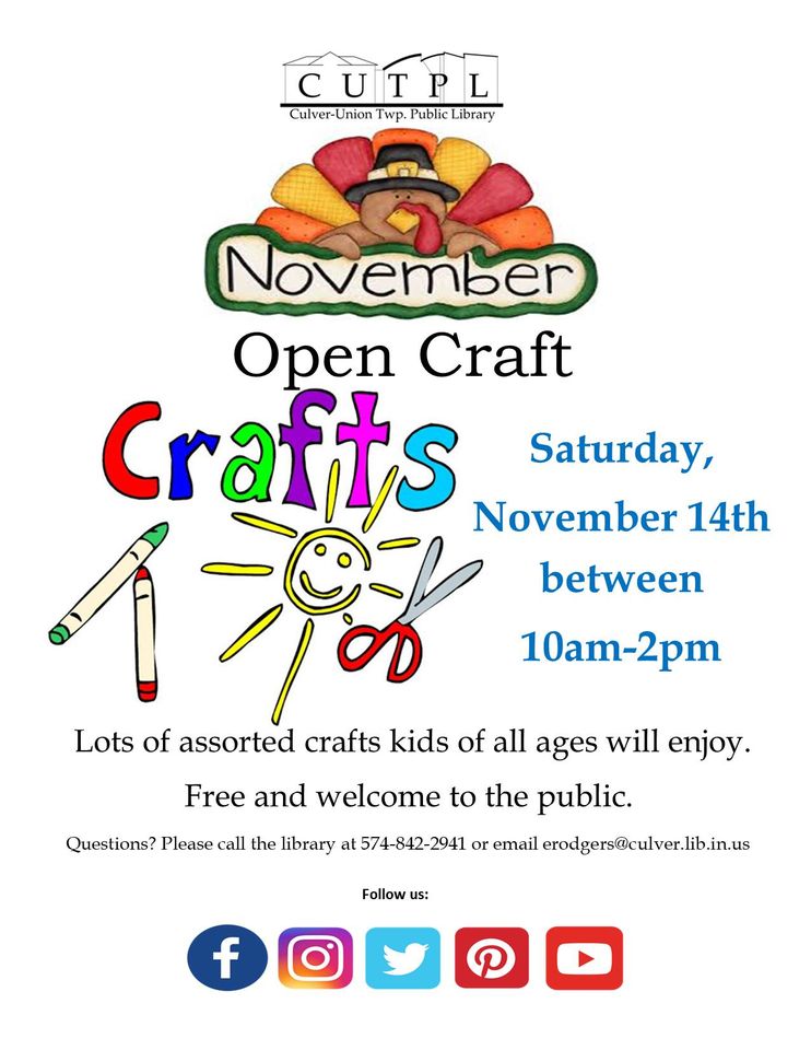 cutpl_clubhouse's tweet photo. Open Crafts on Saturday, November 14th between 10am-2pm! #Culverlibrary https://t.co/Vi4oIBkReF