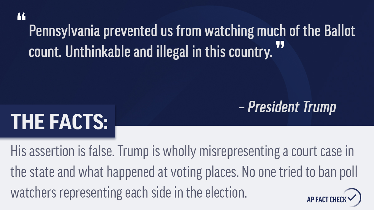 APFactCheck's tweet photo. An #APFactCheck finds that President Trump is repeating baseless claims of voter fraud. He is also wrongly asserting the Pfizer Inc. vaccine news was delayed until after Election Day to undermine him.

Read more: https://t.co/70xncleiEB https://t.co/skKQVKAs36