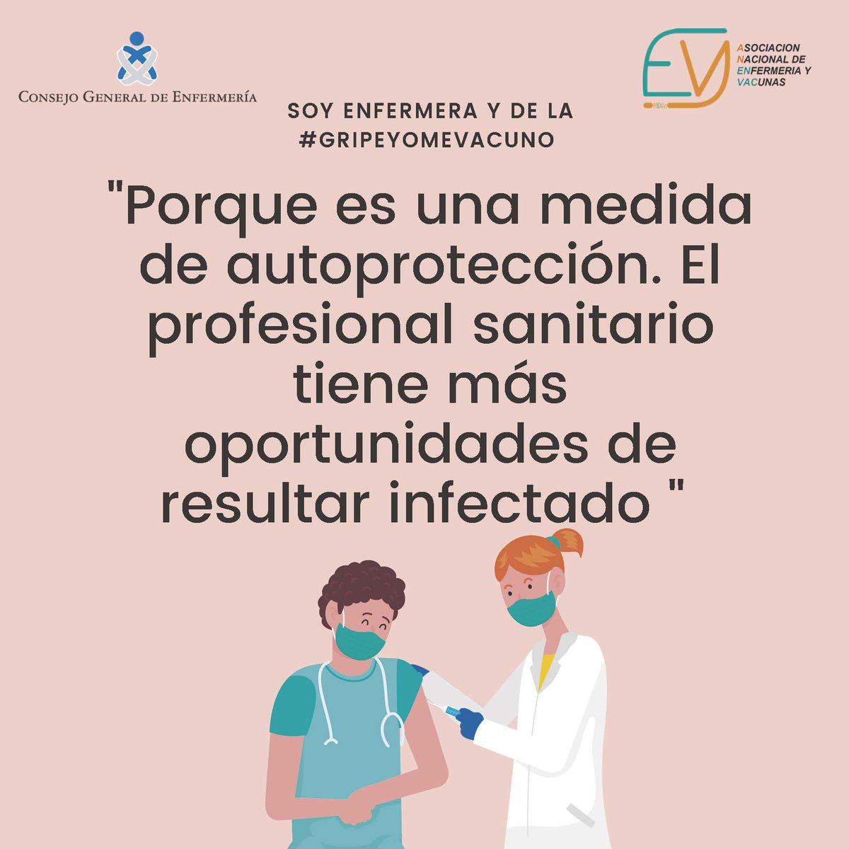 👉Por compromiso y por responsabilidad

👩‍⚕️💉Las enfermeras damos ejemplo

#10RazonesParaVacunarte

✅"Porque es una medida de autoprotección. El profesional sanitario tiene más oportunidades de resultar infectado"

#GripeYoMeVacuno #VacunacionEnfermera