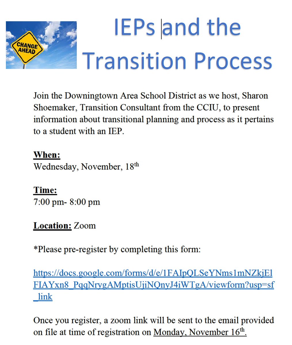 DASDPupilServ's tweet photo. Join the DASD Pupil Services Dept. on 11/18 at 7:00 PM for a presentation with the CCIU on transition planning for students with IEPs. https://t.co/YZOaHFXmfH
