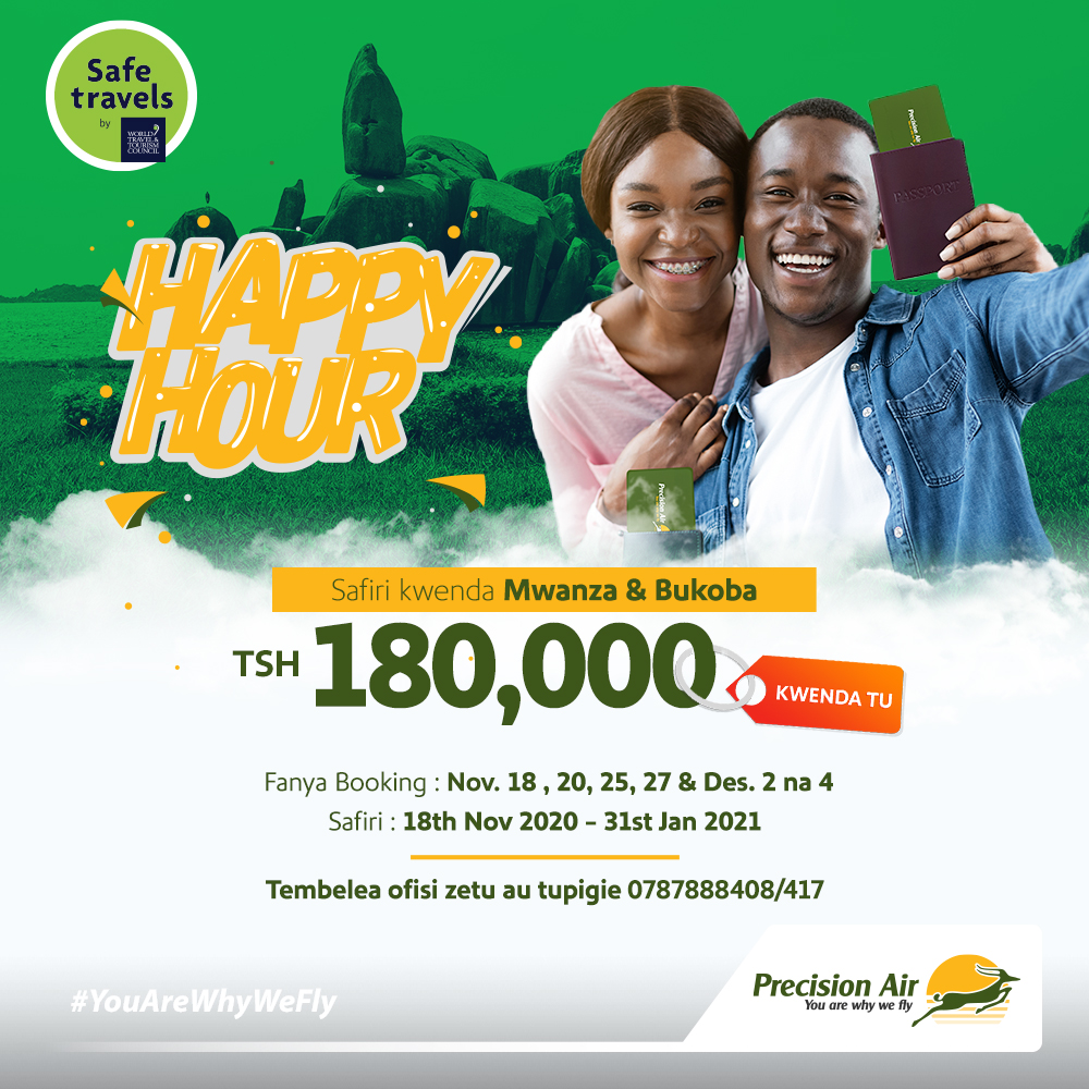PrecisionAirTz's tweet photo. Pipa lazima likuhusu safari hii! Happy Hour imekuja tena na sasa utasafiri kwenda Mwanza au Bukoba kwa Tsh 180,000 tu kati ya Nov 18, 2020 - Jan 31, 2020. Kata tiketi katika tarehe tajwa hapo juu na tusafiri pamoja kwa bei chee! #YouAreWhyWeFly #TukutaneAngani https://t.co/AXElk7C1wK