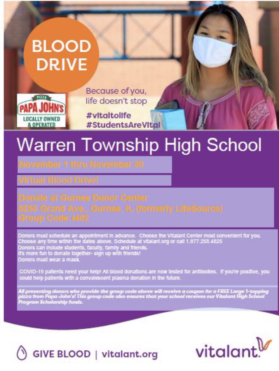 AlmondPhysical's tweet photo. Just a reminder to all Warren students that our annual blood drive is going on now through the end of November. When you donate you get a free large pizza from Papa Johns. @rnparrott @mbertolaD121 #WeAreWarren https://t.co/thruhnb6D3