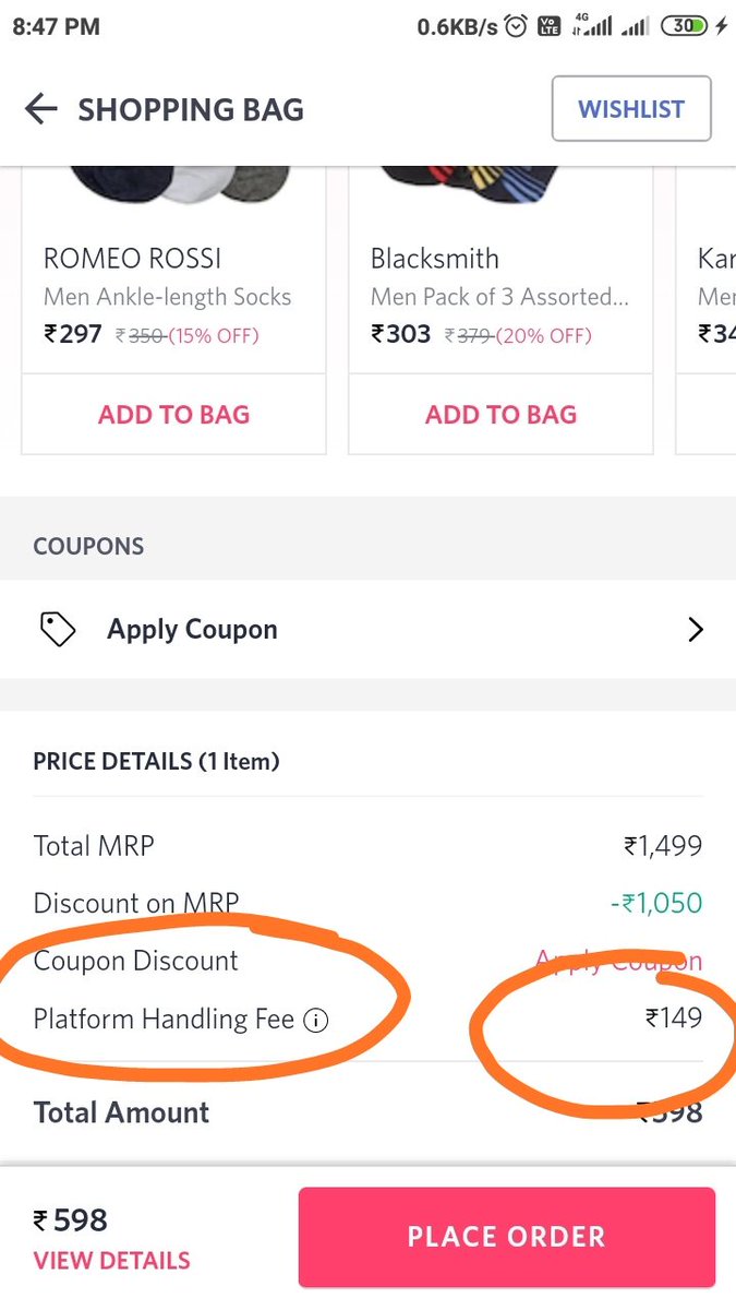 sumitkumar101's tweet image. No luck 🙁 I removed all the existing products from my cart and now added new product but still 'Platform Handling Fee' is showing during checkout. #Myntra #shoppingstar #systembug #Developer #Flipkart #India #Covid_19 #defect #issue #Database