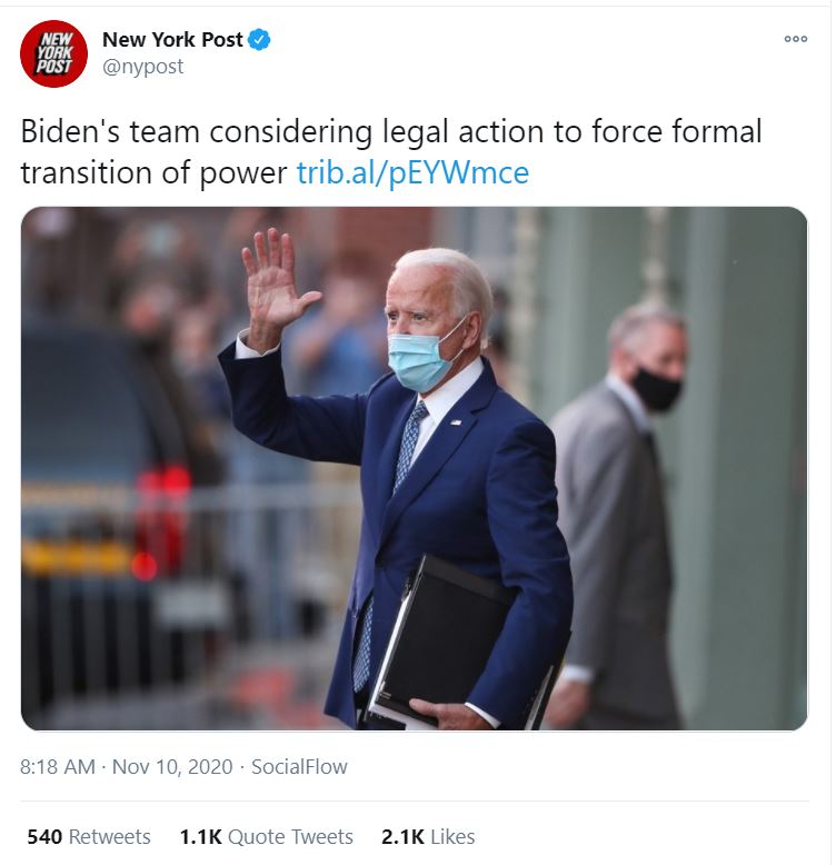November 10th the NYPost runs a piece about the Biden team considering legal action to force a transition. Keep in mind the deadlines up top; now how is this not seen as inflammatory and undermining?