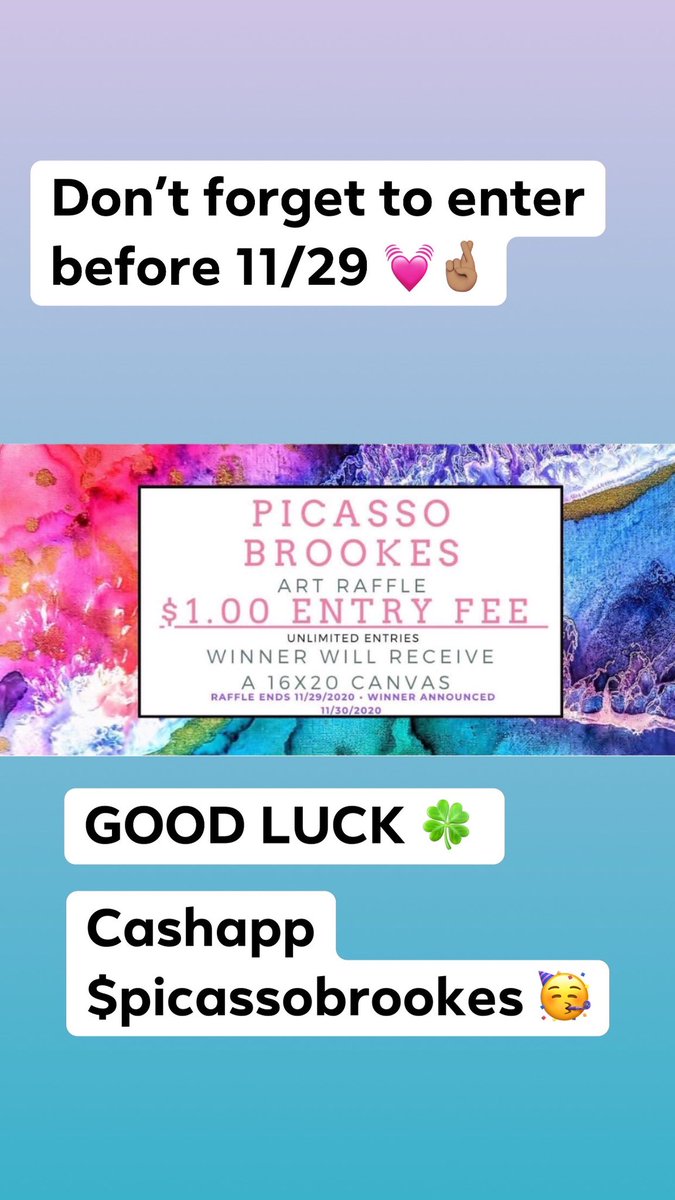 MeeksDaughterXO's tweet photo. #smallbusinessalert ✨

Please follow me on Instagram @picassobrookes 🤞🏽

I’m also doing my very first raffle giveaway it’s $1 to enter 💓 
Winner will receive a 16x20 canvas (choice of colors used) !! 

DM me for any questions! Cashapp $picassobrookes  GOOD LUCK ✨🎨 https://t.co/wf0mitRQRd