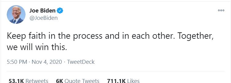 Given the deadlines, why the rush. On November 4th Biden was willing to let the process work.