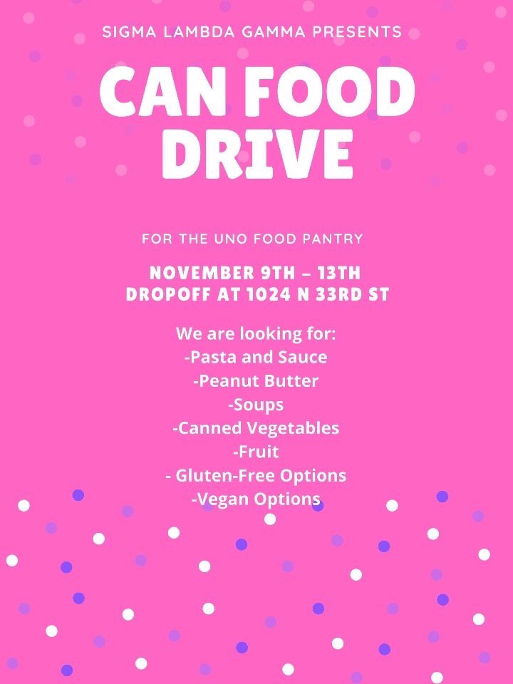 Sigma Lambda Gamma’s Food Drive is still on! 🥫They are accepting items for the Maverick Food Pantry. Consider donating to help students who are struggling during these troubling times. 

Please contact them with any questions!