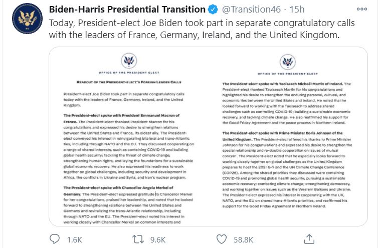 November 11th Biden announced that he is having calls with world leaders (technically ok). Again, he has not been certified President-Elect. For someone who was going to be patient and unify, this seems like a big leap and potentially harmful rhetoric if just looking at rhetoric.