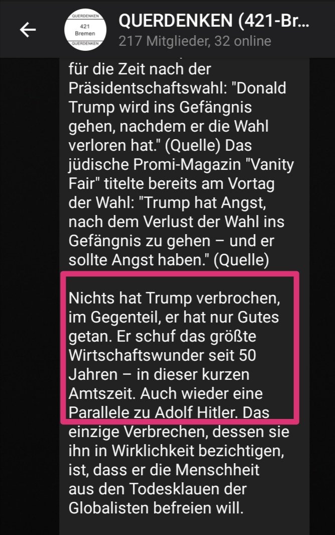 afdwatchbremen's tweet photo. Hitler-Verehrung und antisemitische Volksverhetzung bei "#Querdenken 421". Die folgenden Äußerungen auf dem offiziellen Bremer "Querdenken"-Kanal, legitimieren die AdministratorInnen mit dem Kommentar "Jeder darf seine Gedanken teilen. Das ist Querdenken". #bremen #antifa #noafd https://t.co/QVexVKWUPb