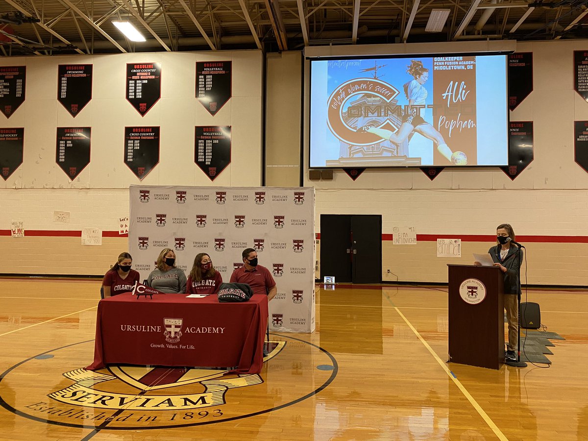UARaiders's tweet photo. Congrats, Ali Popham ‘21 for signing her NLI to play soccer at Colgate University! ⚽️@colgateuniv @SeanGreeneWDEL @mlang68 @BradMyersTNJ @kevintresolini #NationalSigningDay #uaraiders #uasoccer #delhs https://t.co/5Q8FgSJuAn