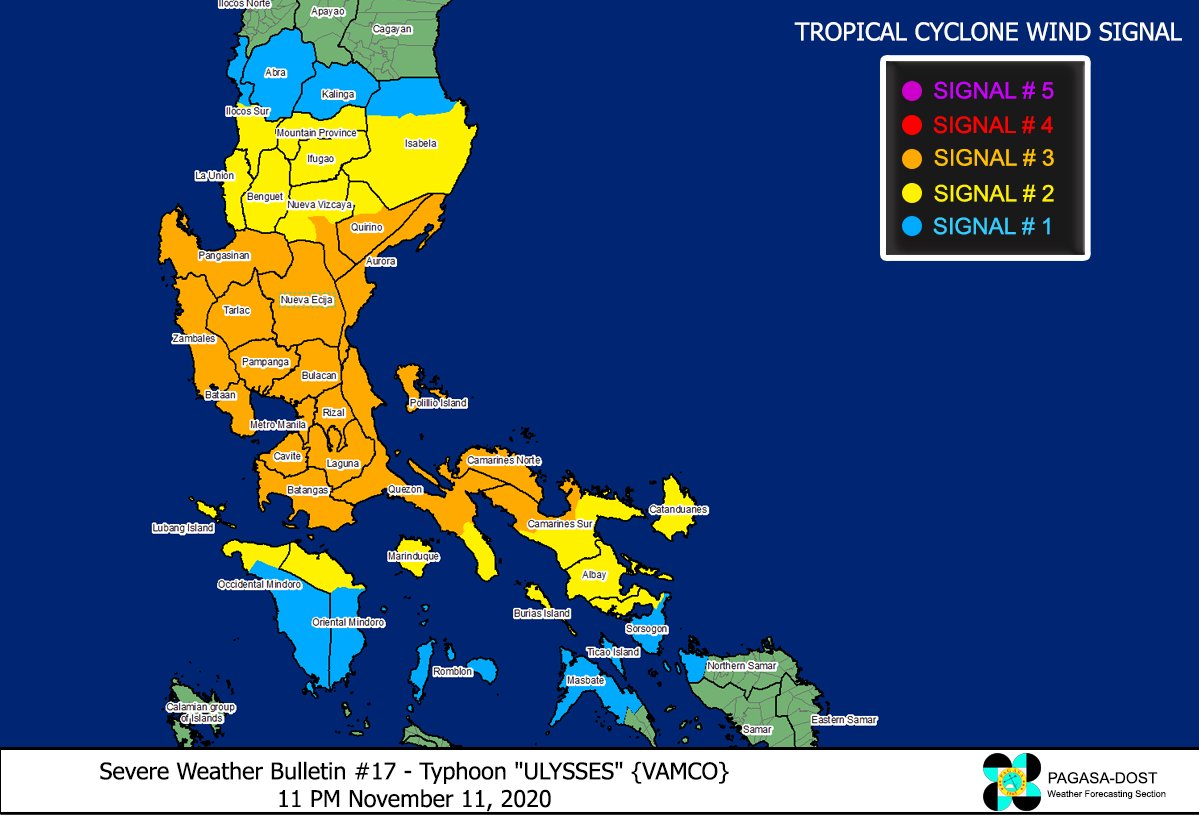 dost_pagasa's tweet photo. SEVERE WEATHER BULLETIN #17
FOR: TYPHOON "#UlyssesPH" (VAMCO)
TROPICAL CYCLONE: WARNING
ISSUED AT 11:00 PM, 11 November 2020

TYPHOON "ULYSSES" FURTHER INTENSIFIES AND THE CENTER OF ITS EYE HAS MADE LANDFALL IN THE VICINITY OF PATNANUNGAN, QUEZON. https://t.co/JSgavX6GZ0