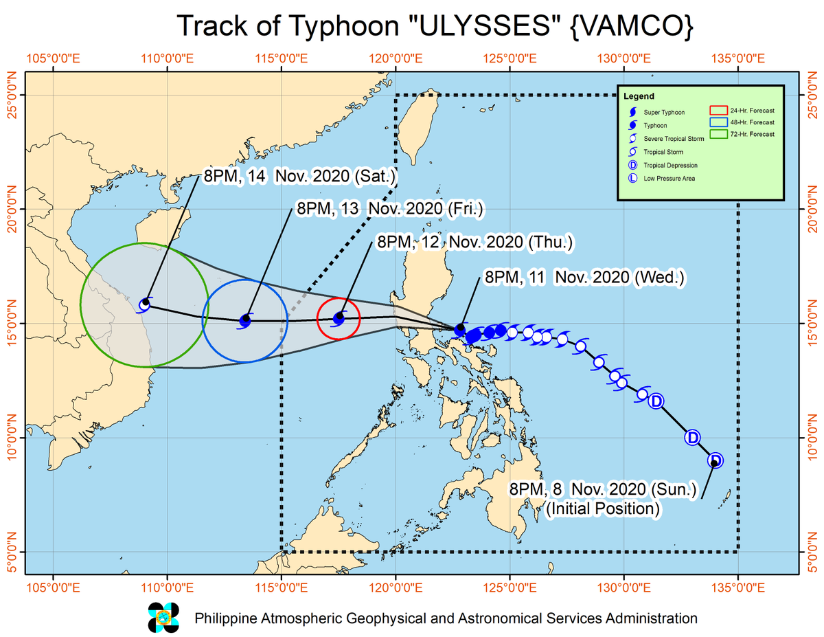 dost_pagasa's tweet photo. SEVERE WEATHER BULLETIN #17
FOR: TYPHOON "#UlyssesPH" (VAMCO)
TROPICAL CYCLONE: WARNING
ISSUED AT 11:00 PM, 11 November 2020

TYPHOON "ULYSSES" FURTHER INTENSIFIES AND THE CENTER OF ITS EYE HAS MADE LANDFALL IN THE VICINITY OF PATNANUNGAN, QUEZON. https://t.co/JSgavX6GZ0
