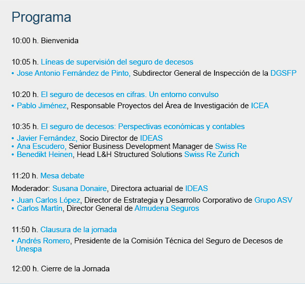 ¡Mira qué programa! Agenda completa para la jornada sobre el seguro de #decesos patrocinada por IDEAS. Este viernes a las 10h Online. Inscripciones gratuitas para entidades adheridas a ICEA icea.es/es-ES/formacio…