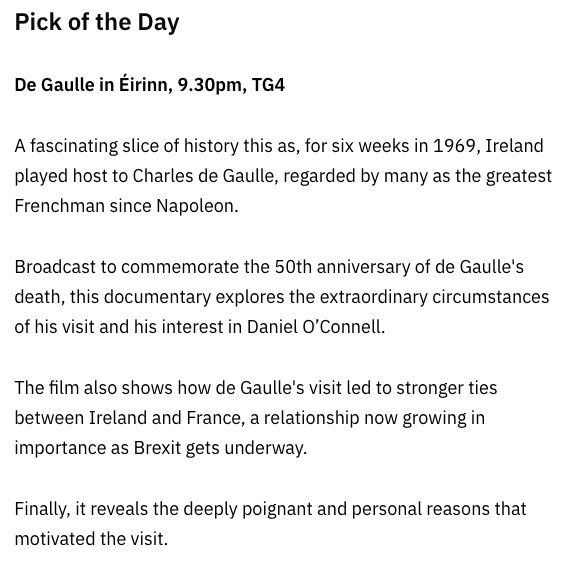 TG4 (@tg4tv) on Twitter photo If John Byrne <a href="/RTE_Ents/">Entertainment on RTÉ</a> says it's pick of the day...
Bhuel 'Sé Rogha an Lae!
De Gaulle in Éirinn
Anocht 21:30 ar TG4 If John Byrne <a href="/RTE_Ents/">Entertainment on RTÉ</a> says it's pick of the day...
Bhuel 'Sé Rogha an Lae!
De Gaulle in Éirinn
Anocht 21:30 ar TG4