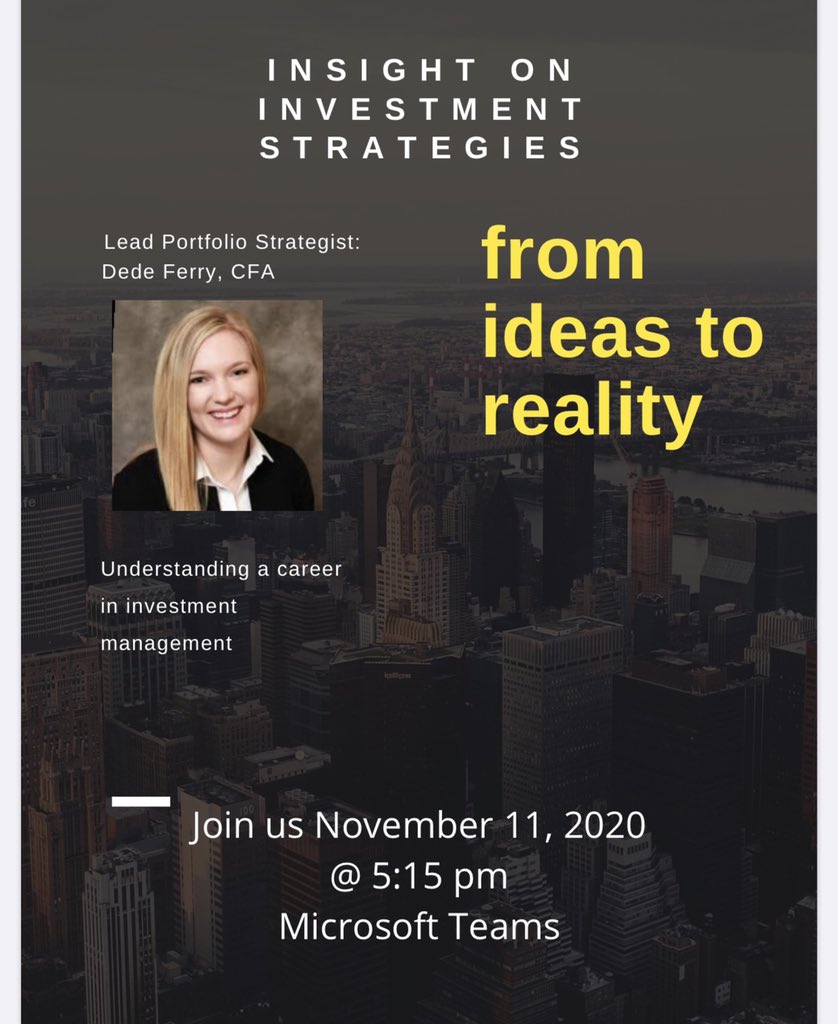 UAFPSA's tweet photo. Join FPSA 5:15-6:15 pm for guest speaker Dede Ferry, CFA. Teams link: https://t.co/HiG3tdiuGp https://t.co/QTKGadlxNI
