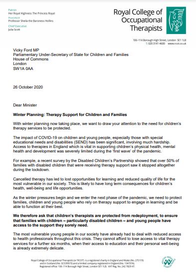 The reports from  @OfstedNews provide more evidence in support of our letter to  @VickyFord - vulnerable children & young people can't afford to lose access to therapy services for another 6 months. Children’s therapists should be protected from redeployment  https://bit.ly/3nhdkPM&nbsp;
