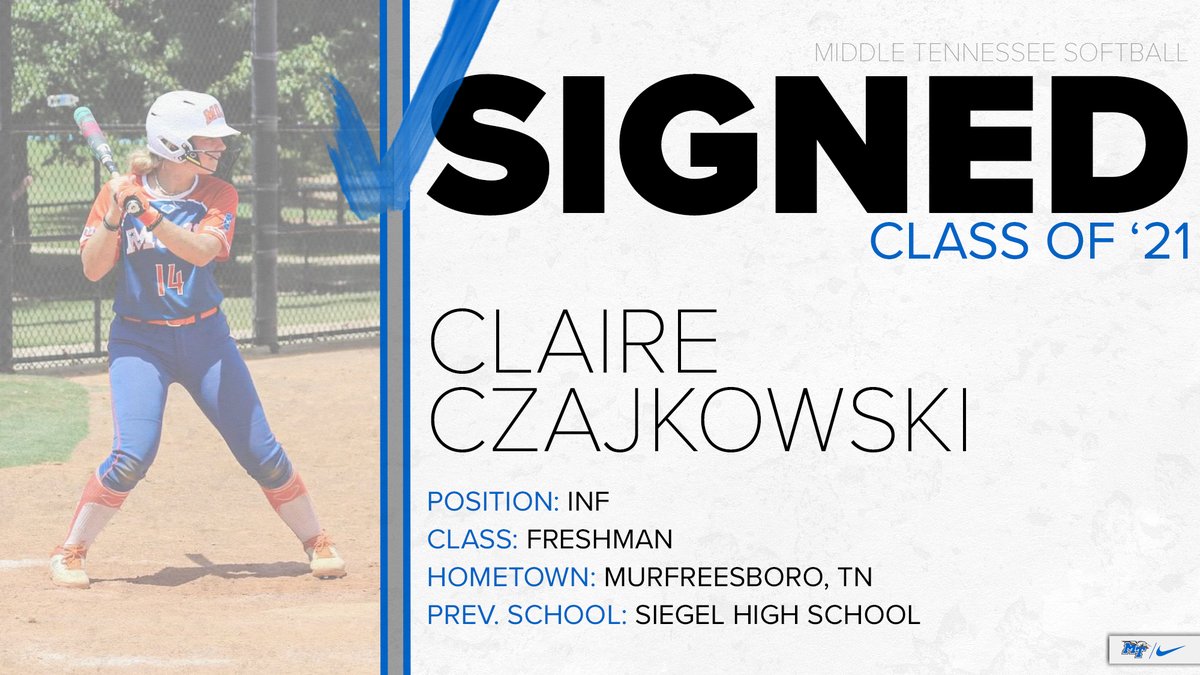 MT_Softball's tweet photo. Welcome to our newest Blue Raider, Claire Czajkowski!

🥎 Infield
📍 Murfreesboro, TN
🏫 Siegel HS

#BlueRaiders ⚡️⬆️ https://t.co/hbfvMArQzz