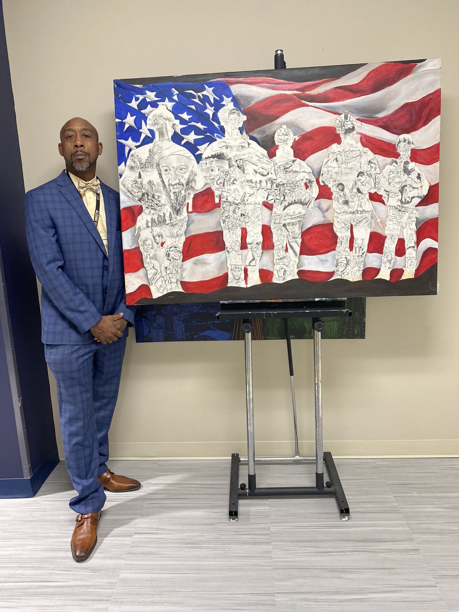 coolcoachreese's tweet photo. Anderson Academy Art teacher Tony McMillian aka “Mr. Crayon” Honors Veterans  with this spectacular portrait displayed on Veterans Day! @Anderson_AISD @AldineISD https://t.co/0yGwXLTSYo