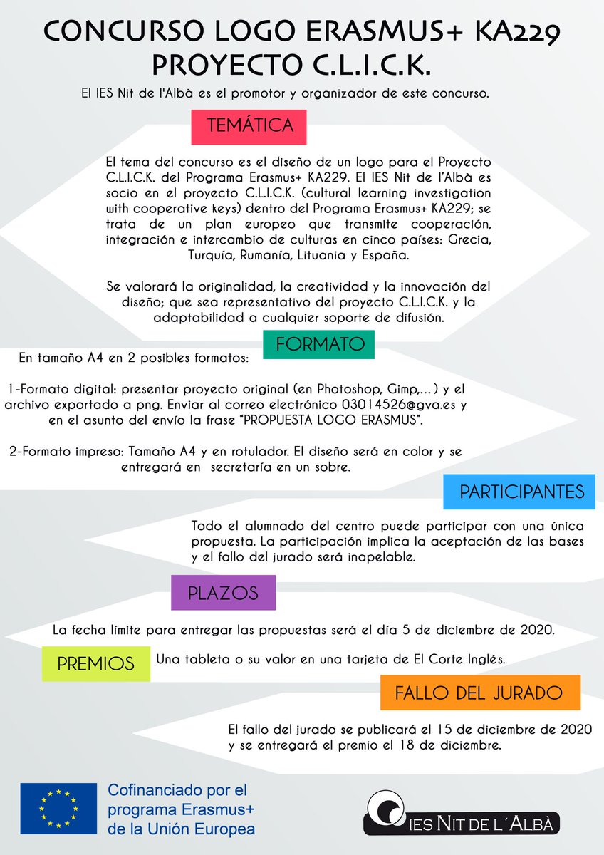 iesnitdelalba_'s tweet photo. El Nit convoca un CONCURSO para que diseñes nuestro logo Erasmus+ KA229. Anímate y participa. El ganador conseguirá una tableta.
#IESNitdelAlba #Erasmus+KA229 #ProyectoCLICK https://t.co/08HqdO2yq2