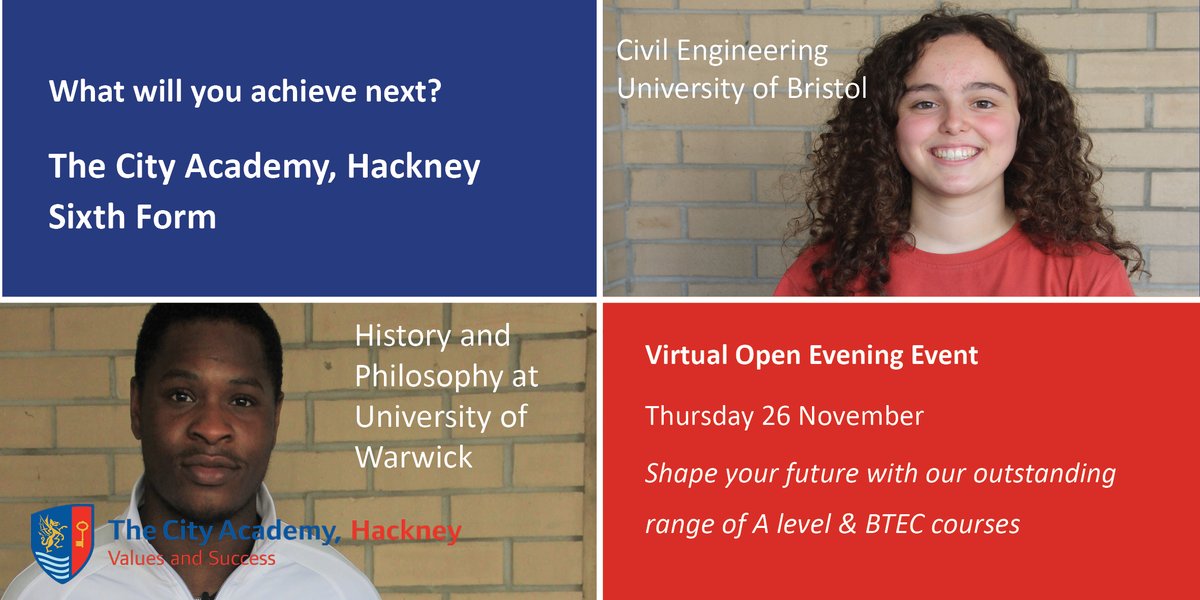 CityAcadHackney's tweet photo. Find our how our outstanding Sixth Form can help you shape your future with our range of A level &amp; BTEC courses

Virtual Open Evening
Thu 26 Nov | 5 p.m. &amp; 6.15pm | Booking Essential

https://t.co/HepU3hKDbv https://t.co/XyYqy5UVPt