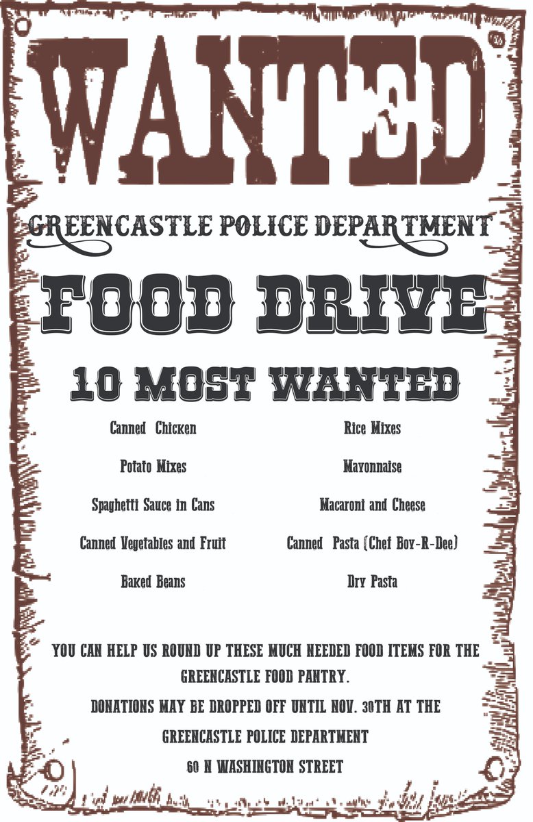 echopilot's tweet photo. Greencastle Police Department announces "10 Most Wanted" ... for Greencastle Food Pantry collection. Donate through Nov. 30 at police station or at Sunnyway Foods. https://t.co/QefzcPX0bp