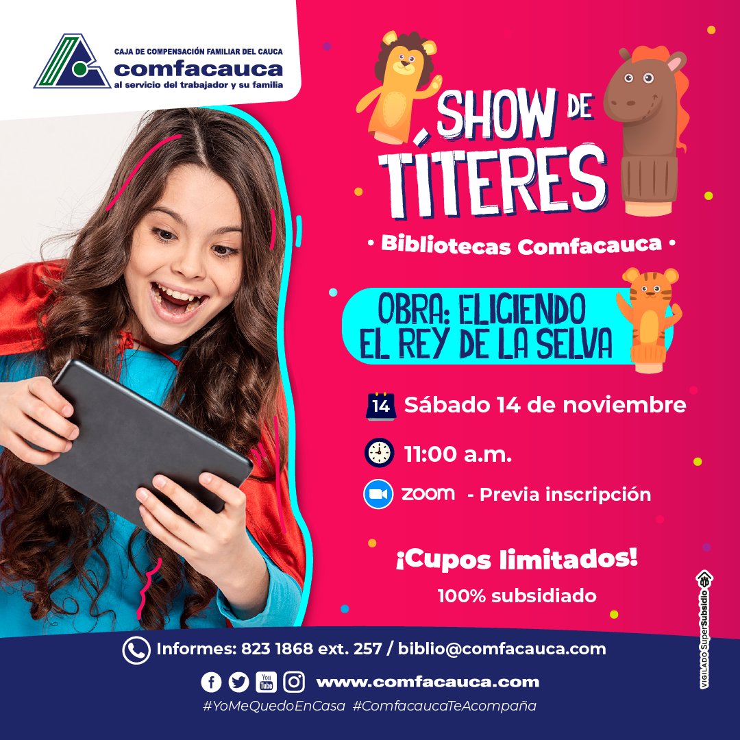 BDRafaelMaya's tweet photo. #BibliotecasComfacauca te invita a disfrutar de un show de títeres: Eligiendo al rey de la selva 🐅🦛🐆 un plan divertido para disfrutar en familia 😍
Fecha: sábado 14 de noviembre Hora: 11:00 a.m
✅ Inscríbase en este enlace 👇https://t.co/fG23ZShJBv https://t.co/dx5zDgs5Wf