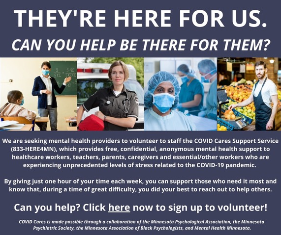 MPAPres's tweet photo. We're seeking mental health providers to volunteer to staff the COVID Cares Support Service. Sign up to volunteer: https://t.co/8yakU9mHWT https://t.co/kCZ0WCL1Md