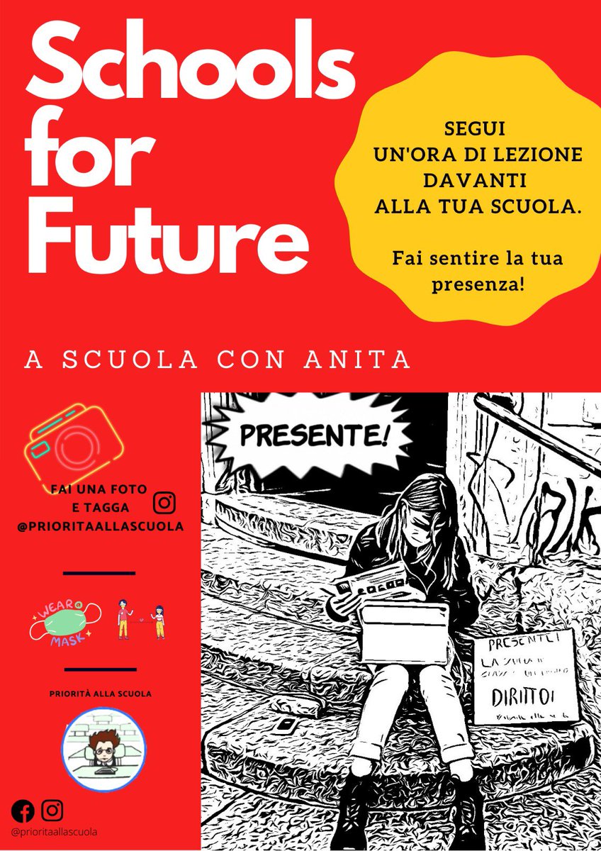 cristinastag's tweet photo. Ed ecco a voi le #schoolsforfuture di #prioritaallascuola ovvero un’ora di DAD davanti alla tua scuola. Venerdi, nel segno di #anita @AnnaZavaritt @simonespetia @misattaflores @FLCCGIL @nonunadimeno @collettiva_news @mammadimerda @telemadu https://t.co/wV6wDP64ia