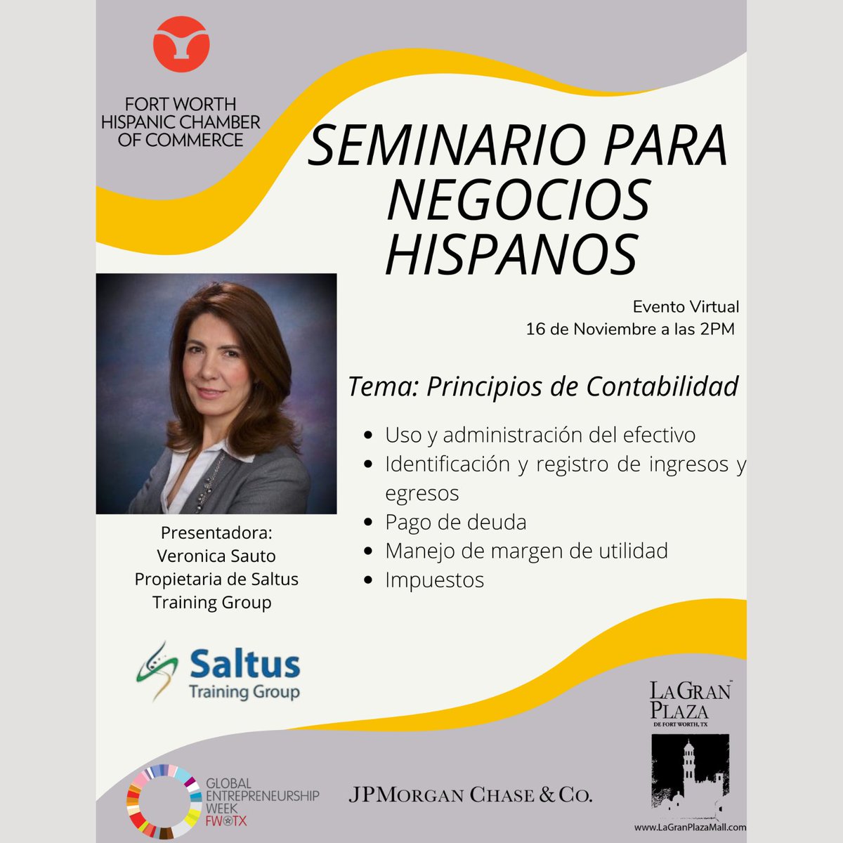 Seminario Virtual Para Negocios Hispanos / Lunes 16 de Noviembre a las 2:00 PM con el tema Principios de Contabilidad. 

Regístrese Hoy! en bit.ly/3nkU57X

Para mayor información contactar a la Cámara de Comercio Hispana de FW al 817-625-5411 o jazmin.gutierrez@fwhcc.org