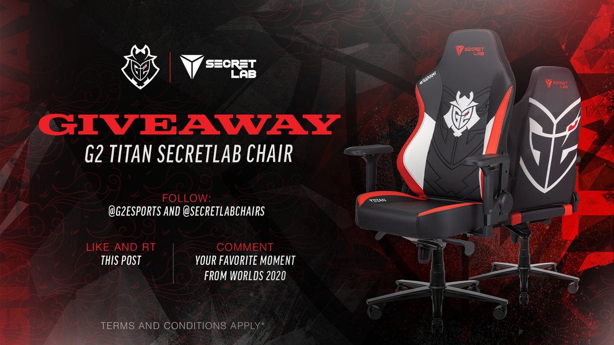 G2esports's tweet image. Win the chair of the 2021 Worlds champions! 

To enter: 
Follow @G2esports and @secretlabchairs 
❤ Like and 🔁RT 
💬 Your favorite moment from Worlds 2020&quot;

Giveaway Ends Nov. 18th!