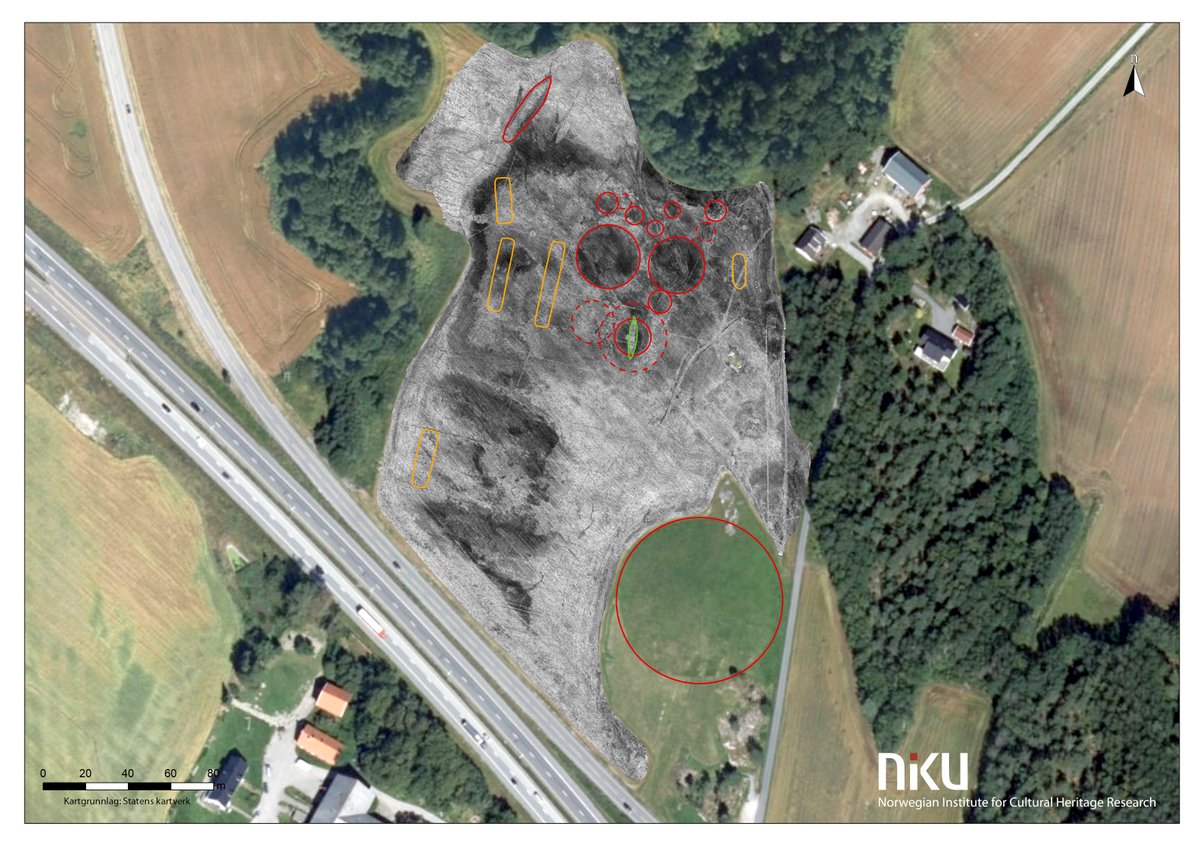 Additionally, the researchers found a farmhouse, a large building (likely a feast hall) and another hall that does not appear intended for habitation. Instead, it may be a cult house or other religious structure. 6/: Overview of the site.  = mounds, = structures
