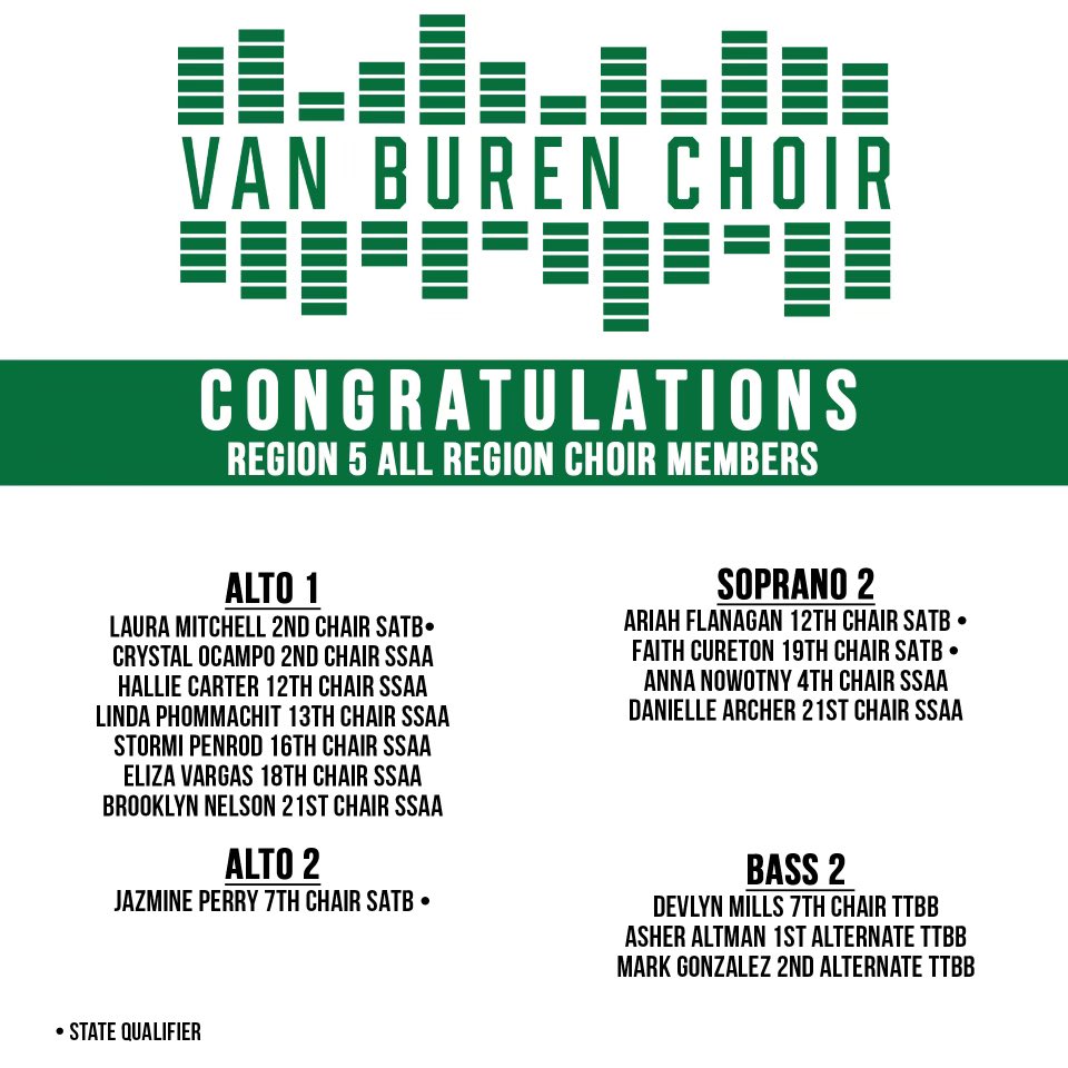 VBChoir's tweet photo. This weekend members of the Van Buren High School Choir competed against 600+ singers for a place in the Region 5 All-Region Honor Choir. 

70% of Van Buren students who auditioned were awarded a seat in the choir- totalling 15 Pointer singers!! 

Join us in congratulating them! https://t.co/8P9TRo3Ptg