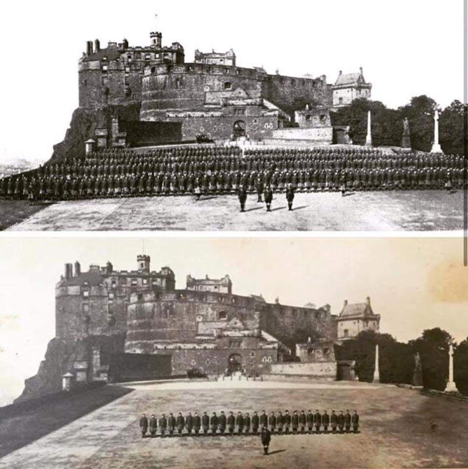 PaulJSweeney's tweet photo. A powerful photograph illustrating the horrific attrition of trench warfare. Above is a battalion of the Cameron Highlanders at Edinburgh Castle in 1914, prior to being sent to France. Below is the same photograph, altered to illustrate how many returned in 1918. Lest we forget. https://t.co/BlCAkEV9v1