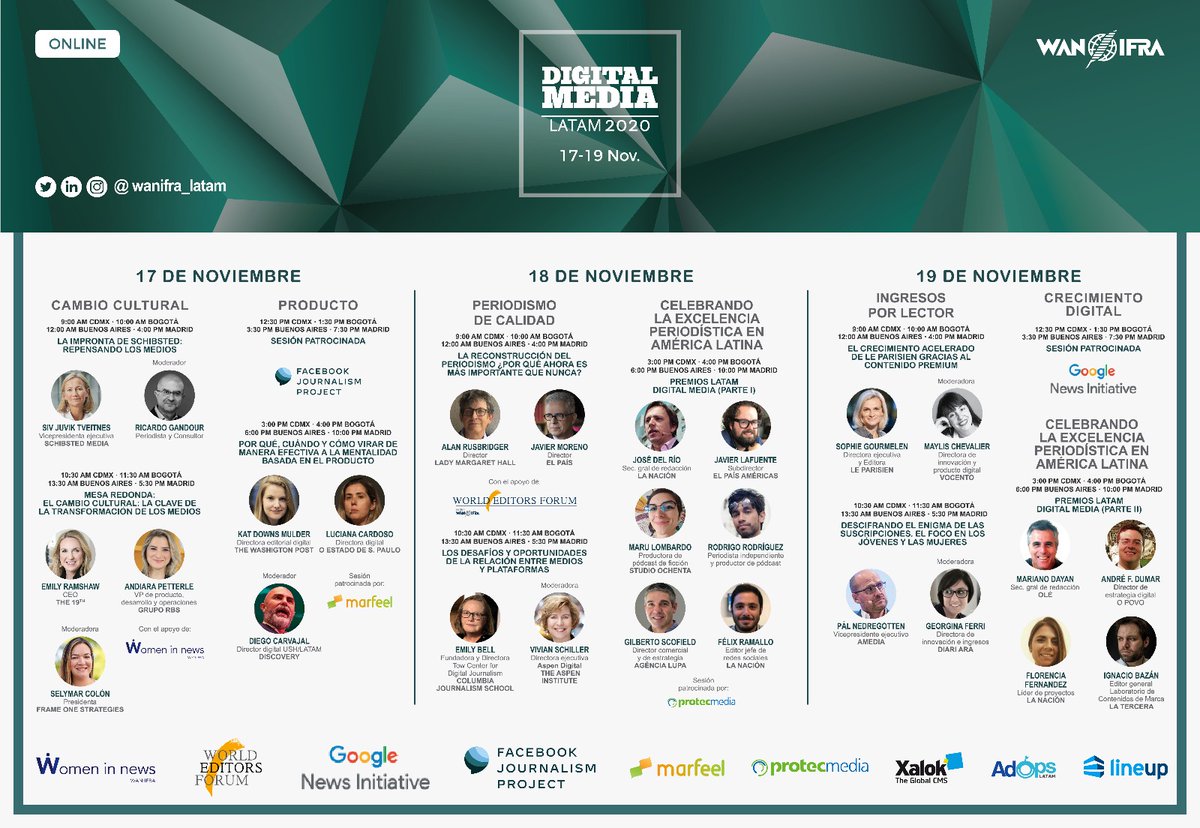wanifraLATAM's tweet photo. El programa de #DML20 contará con la participación de ponentes como @arusbridger, Ex Director de @guardian, @morenobarber, Director de @elpais_espana, @emilybell, Fundadora y Directora del @TowCenter, @sivjtv, EVP de @SchibstedGroup y más. ¡Últimas plazas! https://t.co/YaqTQAYNDH https://t.co/EZI8O2iRrG