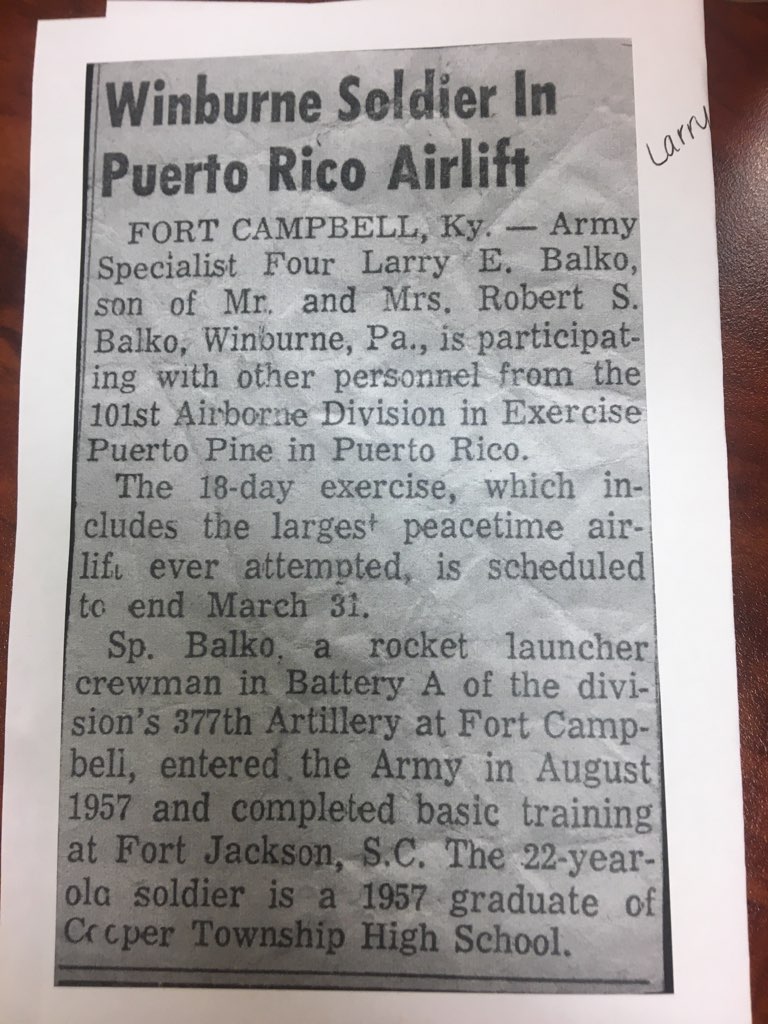 Veteran's Spotlight: Larry was a rocket launcher crewman in Battery A of the division's 377th Artillery at Fort Campbell.